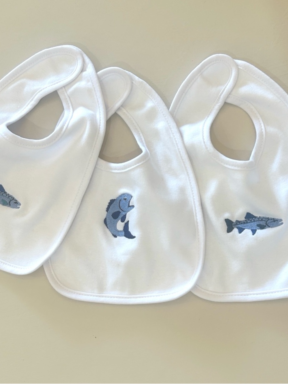 Custom Gerber White Baby Bibs with Blue Fish Embroidery - sold 
Individually!